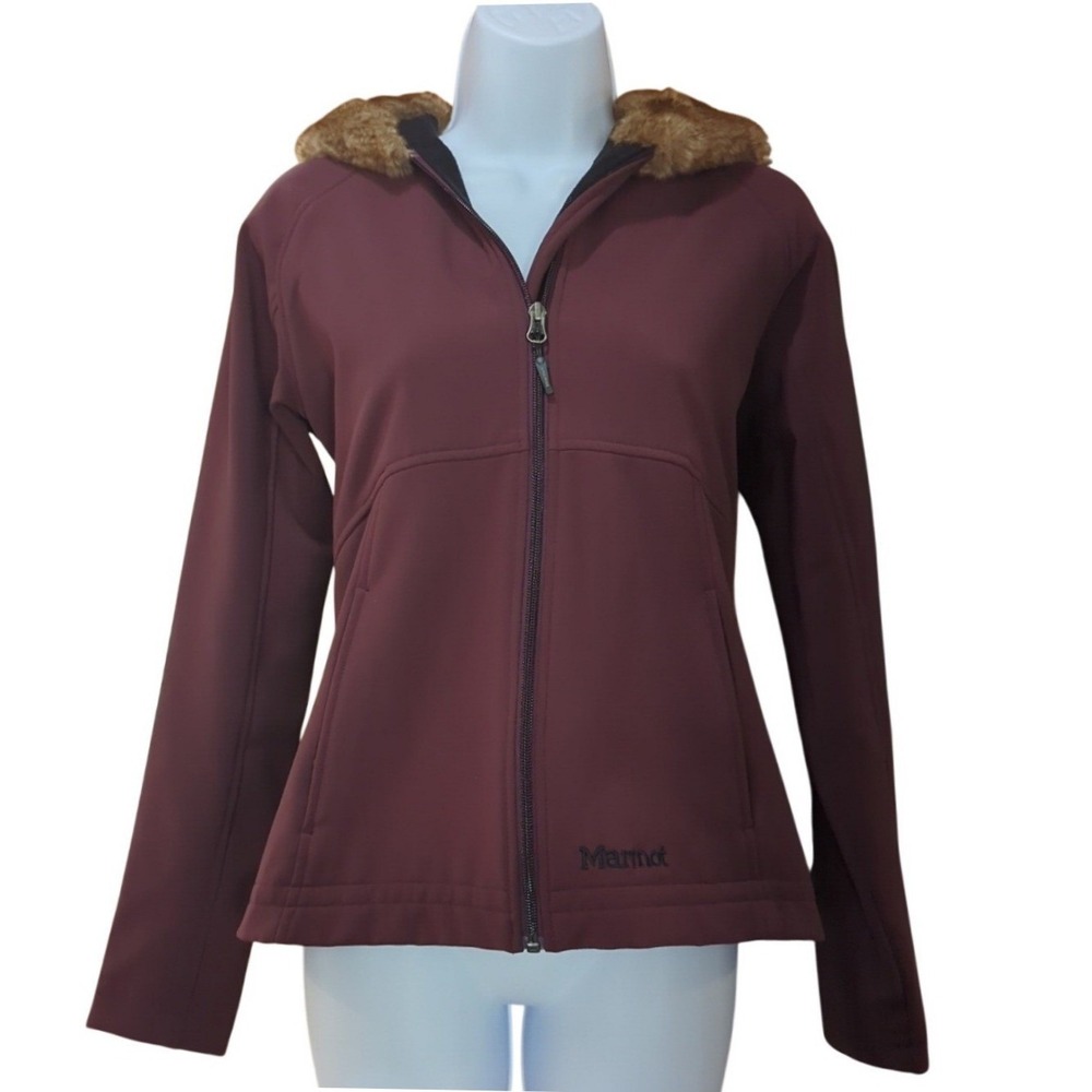 Marmot Women's S/P Furlong Jacket Maroon Softshell Fabric Faux-Fur Lined Hood